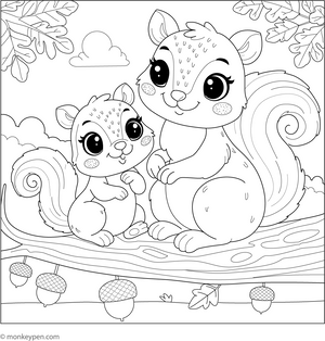 Baby Squirrel with Mama Squirrel coloring page – free printable for kids to color and enjoy