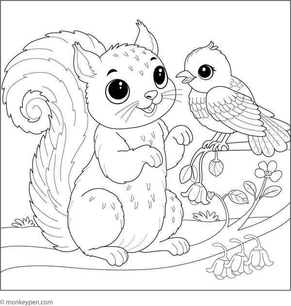 Squirrel and a Bird Friend coloring page – free printable for kids to color and enjoy