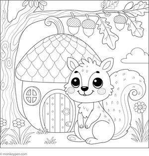 Squirrel in an Acorn House coloring page – free printable for kids to color and enjoy