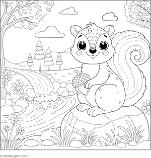 Squirrel on a Rock by a River coloring page – free printable for kids to color and enjoy