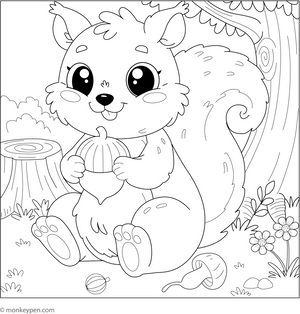 Cute squirrel with Acorn coloring page – free printable for kids to color and enjoy