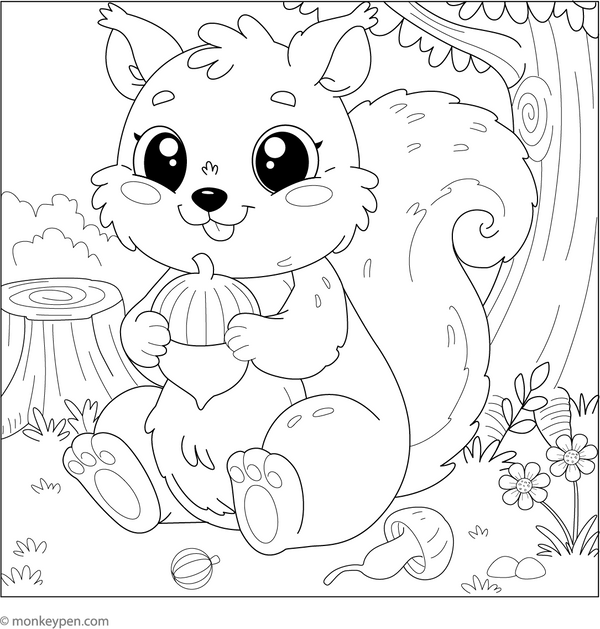 Cute squirrel with Acorn coloring page – free printable for kids to color and enjoy