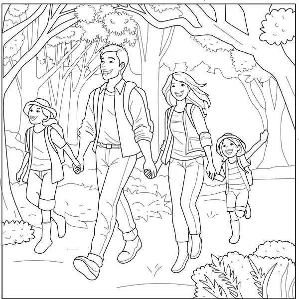 Family in the Forest Coloring Page – fun and educational printable for children