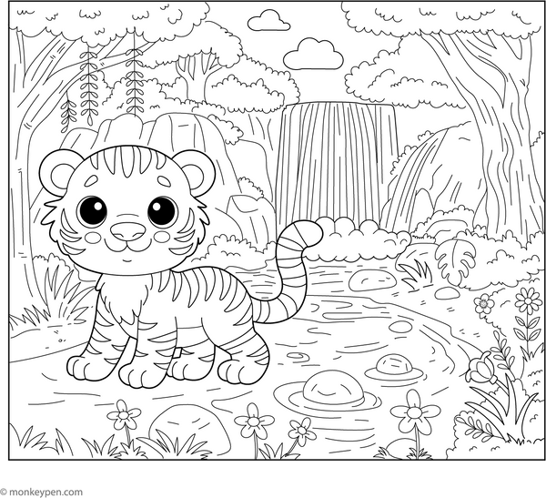 Tiger at a Waterfall coloring page – free printable for kids to color and enjoy