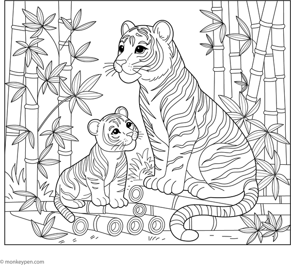 Tiger and Bamboo coloring page – free printable for kids to color and enjoy