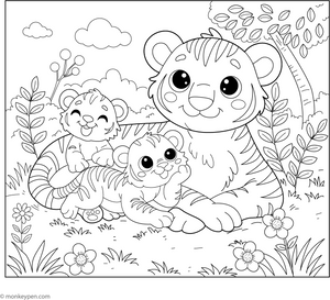 Tiger with Cubs coloring page – free printable for kids to color and enjoy