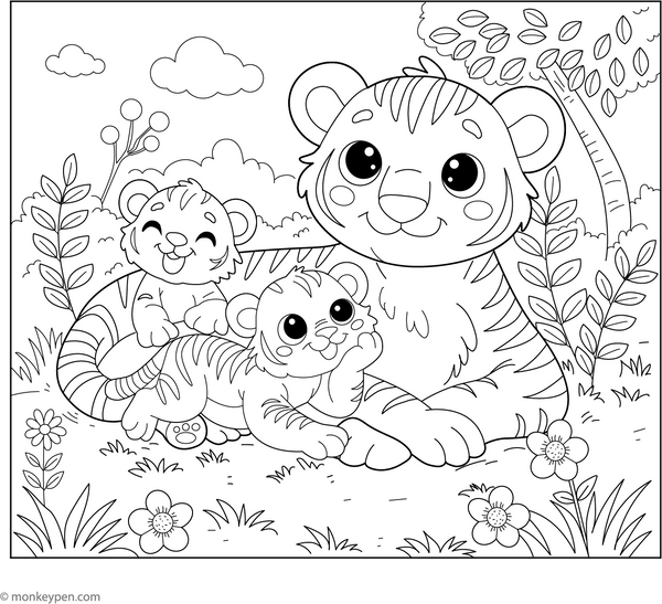 Tiger with Cubs coloring page – free printable for kids to color and enjoy