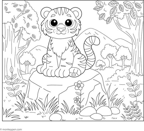 Tiger on a Rock coloring page – free printable for kids to color and enjoy