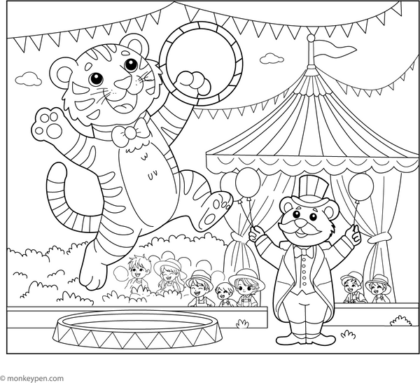 Tiger in Circus coloring page – free printable for kids to color and enjoy