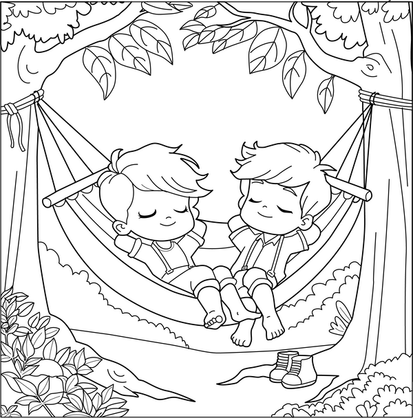 Kids Relaxing in Hammock Coloring Page