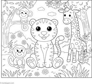 Friendly Tiger and Jungle Friends coloring page – free printable for kids to color and enjoy