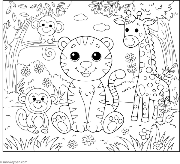 Friendly Tiger and Jungle Friends coloring page – free printable for kids to color and enjoy
