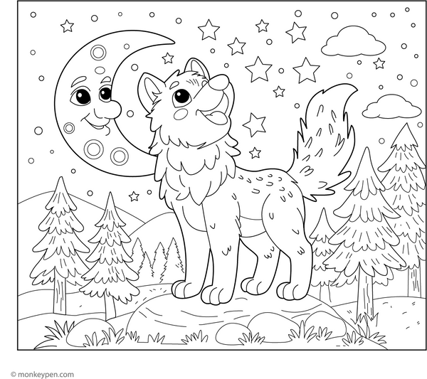 Wolf Howling at the Moon coloring page – free printable for kids to color and enjoy