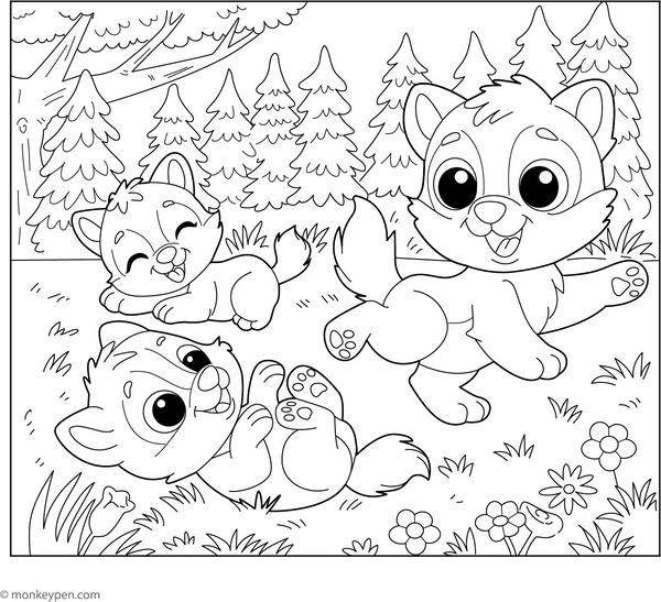 Playful Wolf Cubs coloring page – free printable for kids to color and enjoy