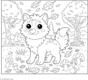 Wolf in the Autumn Woods coloring page – free printable for kids to color and enjoy