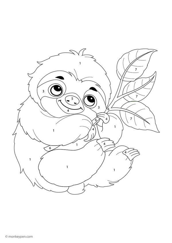 Free downloadable sloth color-by-number worksheet showing a peaceful sloth with numbered sections on its fur, arms, and face—a relaxing, educational coloring activity for kids learning numbers through animal-themed fun.