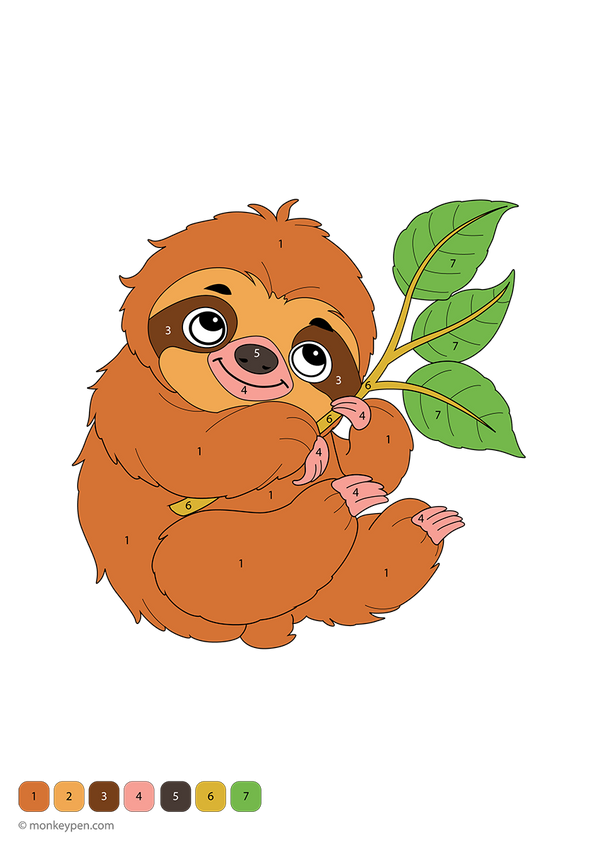 Free downloadable sloth color-by-number worksheet showing a peaceful sloth with numbered sections on its fur, arms, and face—a relaxing, educational coloring activity for kids learning numbers through animal-themed fun.