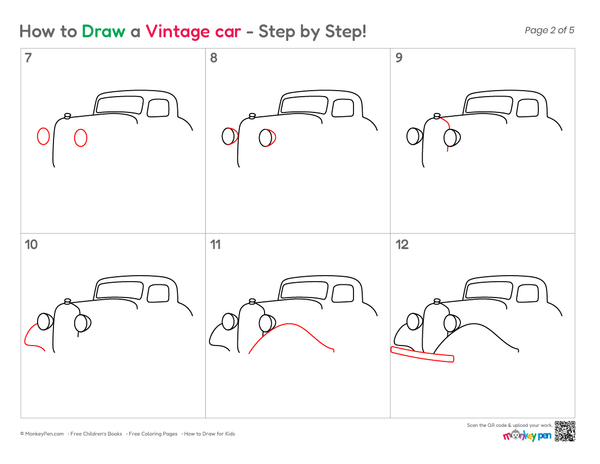 Easy vintage car illustration in a kid-friendly style.