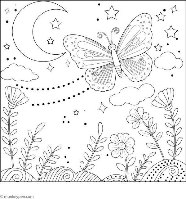 Butterfly Among Moon And Stars Coloring Page – fun and educational printable for children