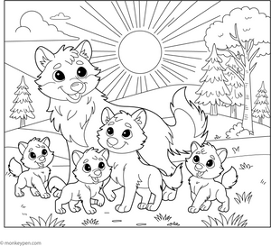 Wolf Family at Sunset coloring page – free printable for kids to color and enjoy