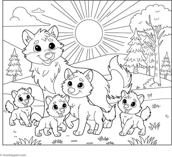 Wolf Family at Sunset coloring page – free printable for kids to color and enjoy