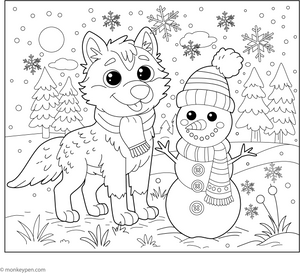 Wolf and a Snowman coloring page – free printable for kids to color and enjoy