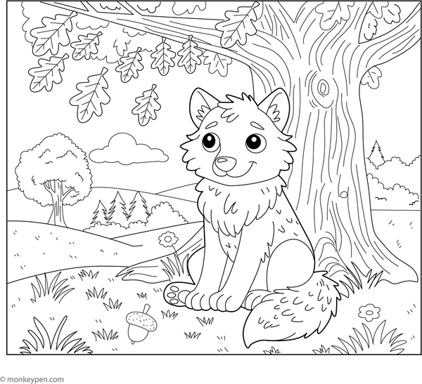 Wolf and the Big Oak Tree coloring page – free printable for kids to color and enjoy