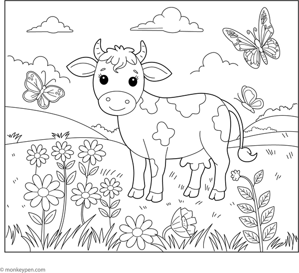 Cow in a Meadow coloring page – free printable for kids to color and enjoy