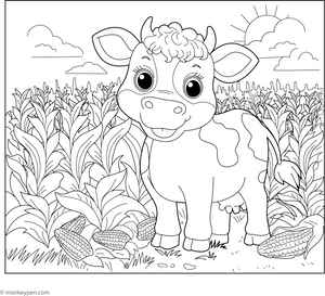 Cow in a Cornfield coloring page – free printable for kids to color and enjoy