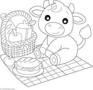 Cow at the Picnic coloring page – free printable for kids to color and enjoy