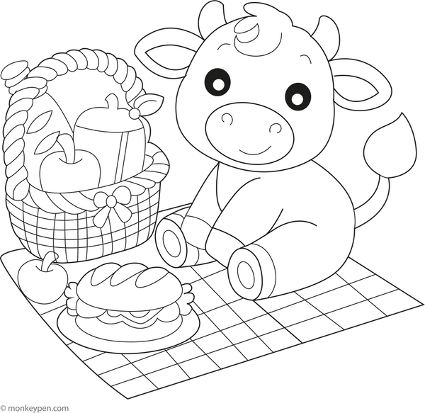 Cow at the Picnic coloring page – free printable for kids to color and enjoy