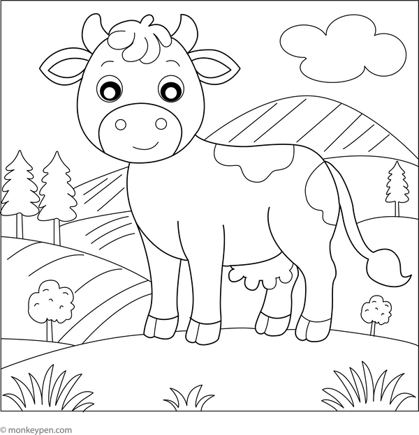 Cow in the Hill coloring page – free printable for kids to color and enjoy