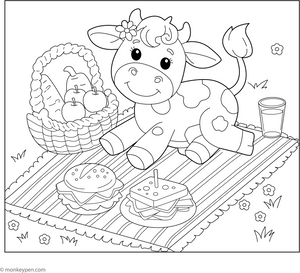 Cow on a Picnic coloring page – free printable for kids to color and enjoy