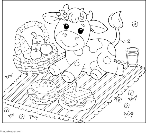 Cow on a Picnic coloring page – free printable for kids to color and enjoy