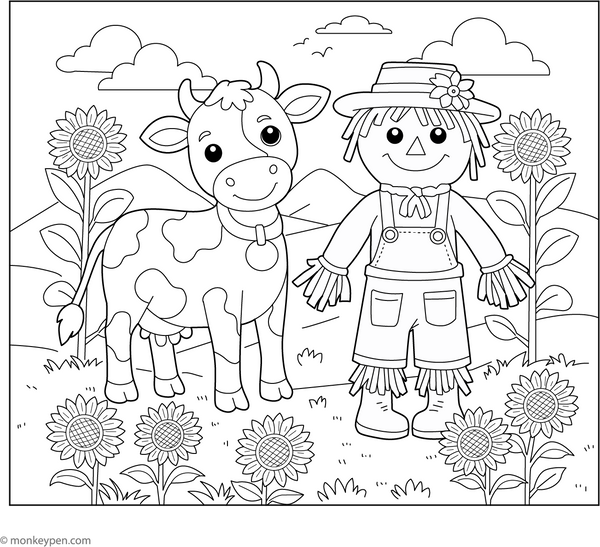 Cow and a Scarecrow coloring page – free printable for kids to color and enjoy