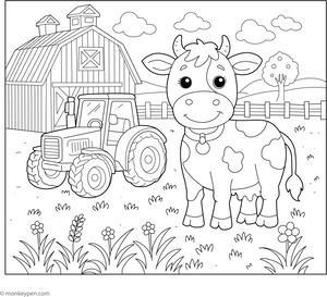 Cow and Tractor coloring page – free printable for kids to color and enjoy