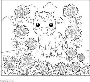 Cow in a Sunflower Field coloring page – free printable for kids to color and enjoy