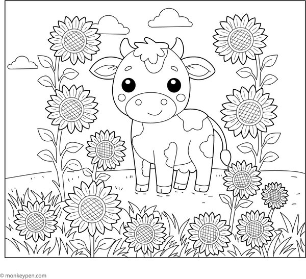 Cow in a Sunflower Field coloring page – free printable for kids to color and enjoy