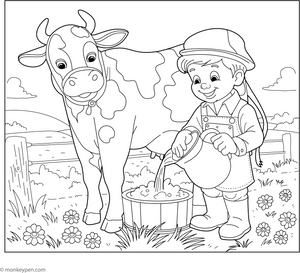 Cow with Milkman coloring page – free printable for kids to color and enjoy