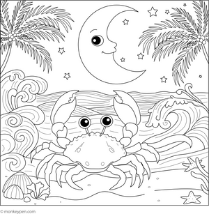 Crab and Moonlit Waves coloring page – free printable for kids to color and enjoy