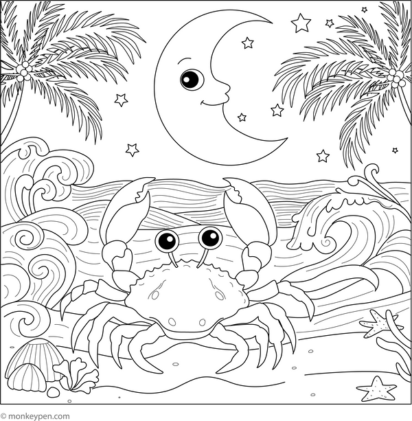 Crab and Moonlit Waves coloring page – free printable for kids to color and enjoy