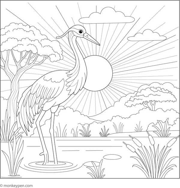 Crane and the Sunrise coloring page – free printable for kids to color and enjoy