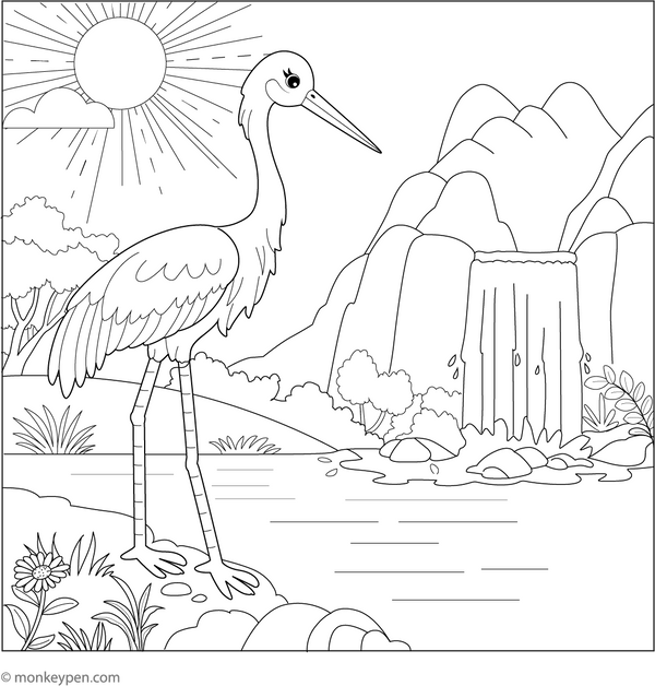 Crane at a Waterfall coloring page – free printable for kids to color and enjoy