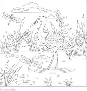 Crane and Dragonflies coloring page – free printable for kids to color and enjoy
