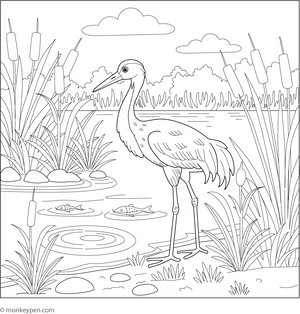 Crane and the Riverbank coloring page – free printable for kids to color and enjoy
