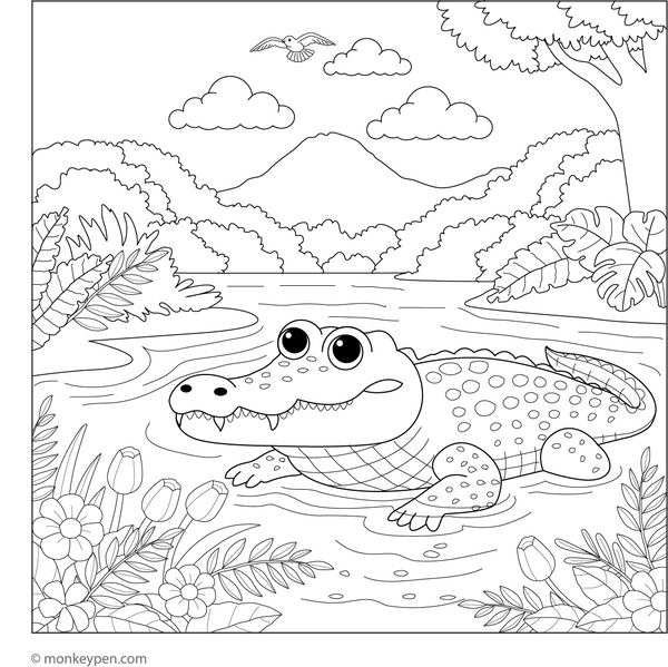Crocodile in a River coloring page – free printable for kids to color and enjoy