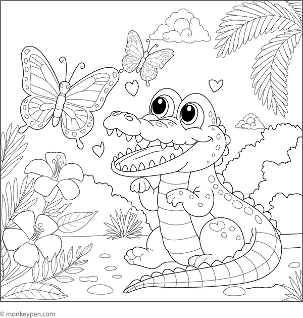 Crocodile and a Butterfly coloring page – free printable for kids to color and enjoy
