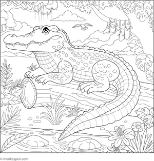 Crocodile in a Jungle Scene coloring page – free printable for kids to color and enjoy