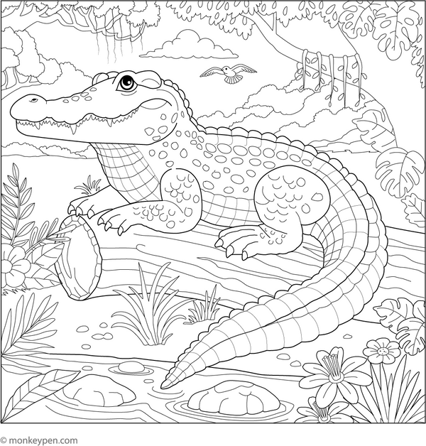 Crocodile in a Jungle Scene coloring page – free printable for kids to color and enjoy