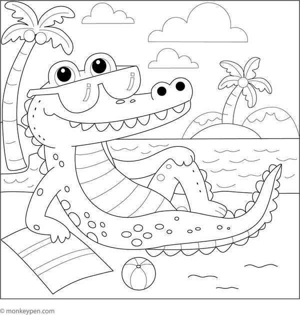 Crocodile with Sunglasses coloring page – free printable for kids to color and enjoy